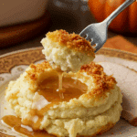 A beautiful plate of a homemade, elegant, and crispy-topped Baked Mashed Potatoes, being served with a thick slice of a roasted turkey and gravy at a Thanksgiving dinner.