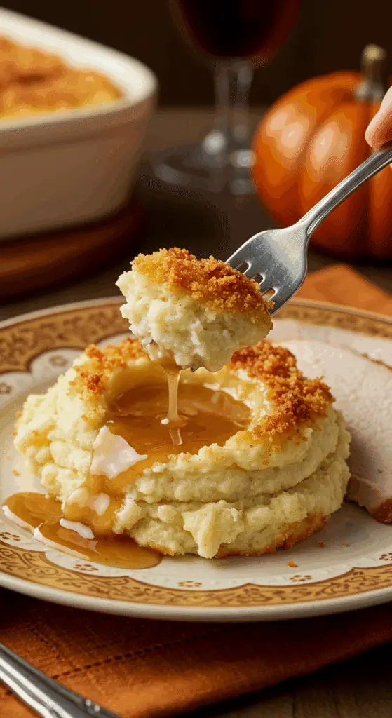 A beautiful plate of a homemade, elegant, and crispy-topped Baked Mashed Potatoes, being served with a thick slice of a roasted turkey and gravy at a Thanksgiving dinner.