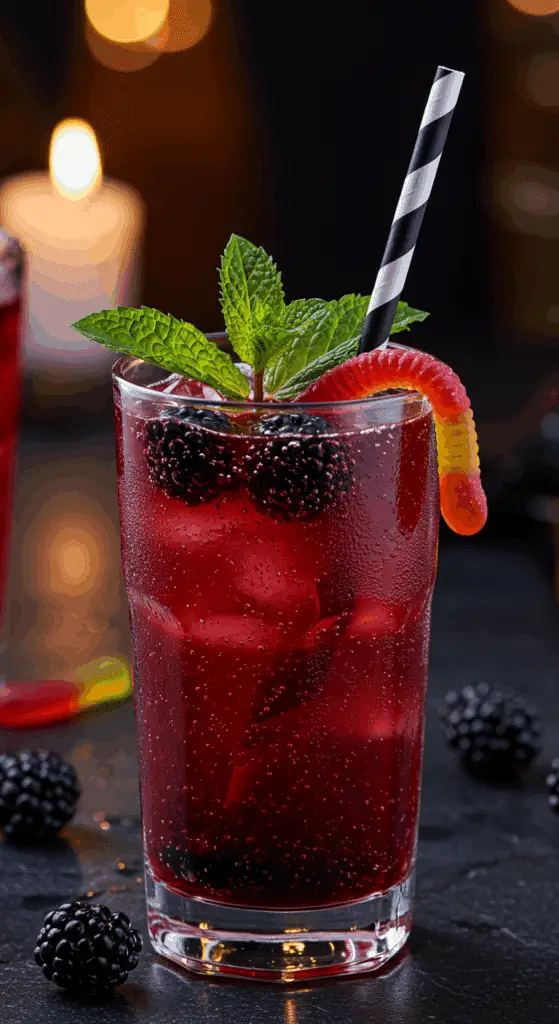 A beautiful, tall glass of a homemade, spooky, and deep red "Bat's Brew" Berry Punch, garnished with fresh berries, mint, and a creepy gummy worm.