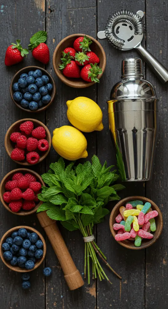 The simple, from-scratch ingredients for the easy and spooky "Bat's Brew" Berry Punch recipe.