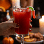 A hand holding an elegant glass of a homemade, red, and spooky "Bat's Brew" Punch at a fun and festive Halloween party.