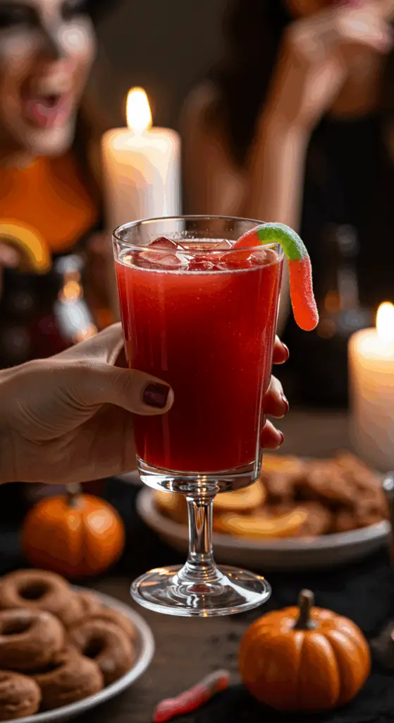 A hand holding an elegant glass of a homemade, red, and spooky "Bat's Brew" Punch at a fun and festive Halloween party.