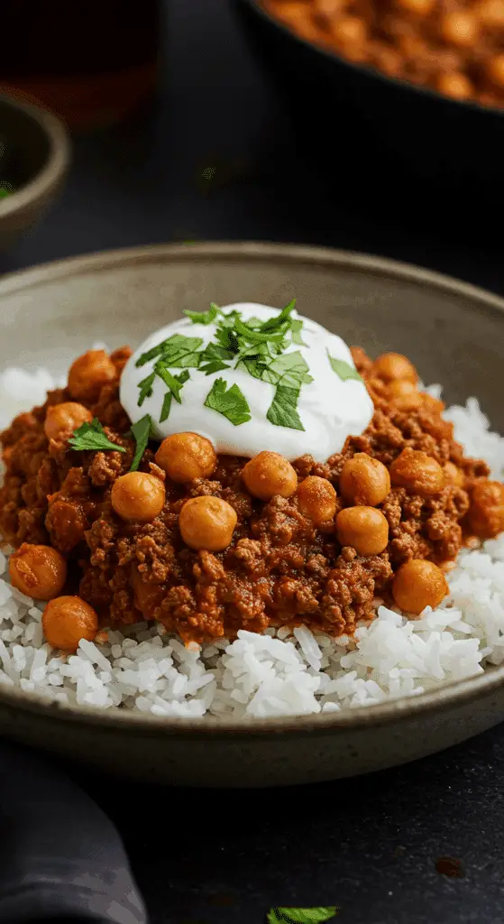 A beautiful, rustic bowl of homemade, easy Beef and Chickpea Skillet, with browned ground beef and chickpeas in a glossy sauce over rice, garnished with yogurt and cilantro.