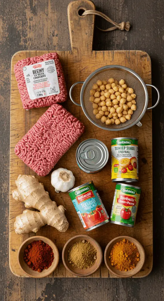The simple, from-scratch ingredients for the classic and flavorful 20-minute Beef and Chickpea Skillet.