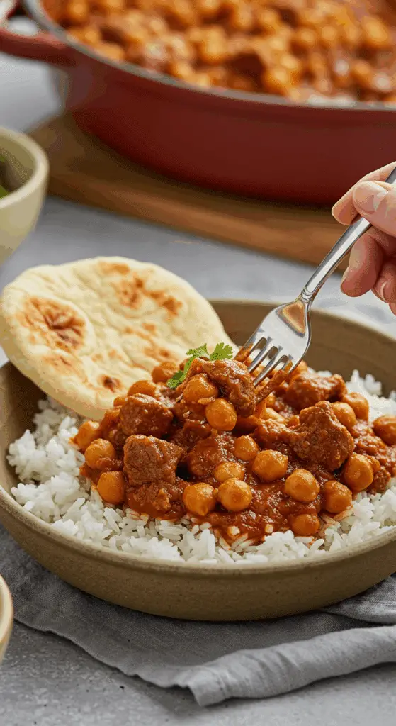A cozy bowl of homemade, flavorful Beef and Chickpea Skillet served over rice with a piece of naan bread for a family dinner.
