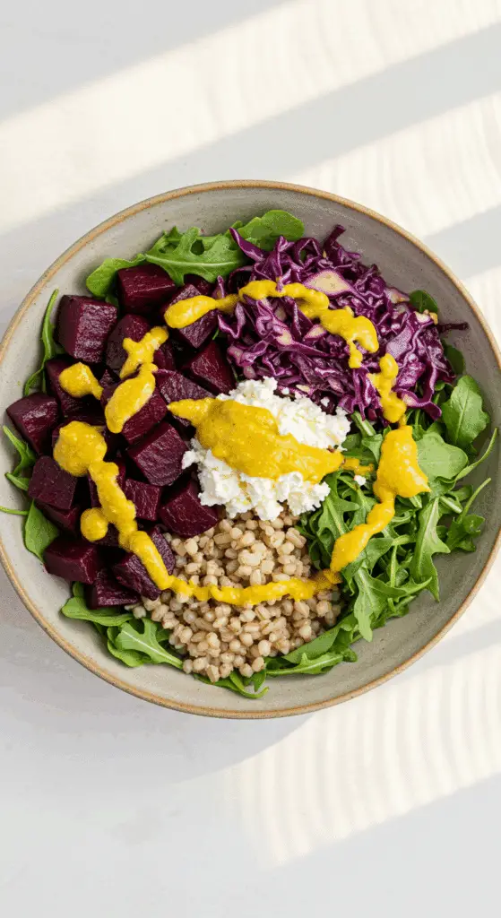 A beautiful, overhead shot of a homemade, healthy, and colorful Roasted Beet Bowl, with barley, roasted cabbage, goat cheese, and a creamy, golden turmeric-tahini dressing.