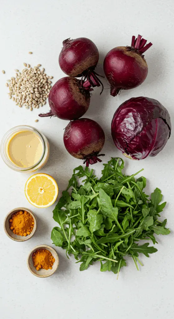The simple, fresh ingredients for the healthy, from-scratch Roasted Beet Bowl with a turmeric-tahini dressing.