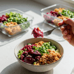 A beautiful bowl of a homemade, healthy Roasted Beet Bowl being enjoyed with a fork for a vibrant and healthy lunch, with meal-prep containers in the background.