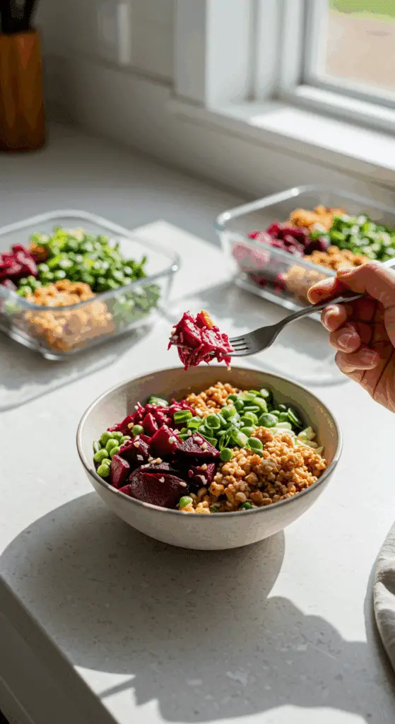 A beautiful bowl of a homemade, healthy Roasted Beet Bowl being enjoyed with a fork for a vibrant and healthy lunch, with meal-prep containers in the background.