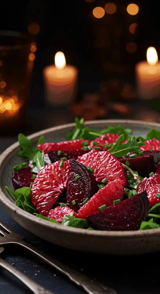 A beautiful, rustic serving bowl of a homemade, easy, and elegant Beet and Blood Orange Salad, with jewel-toned beets and oranges, and fresh arugula.