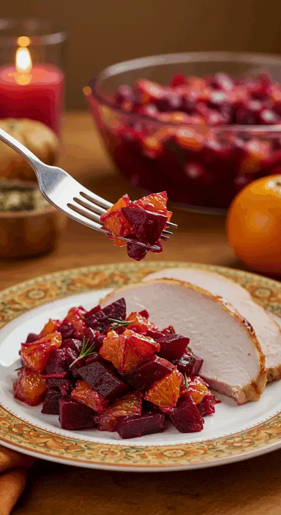 A beautiful plate of a homemade, elegant, and vibrant Beet and Blood Orange Salad, being served with a thick slice of a roasted turkey at a Thanksgiving dinner.