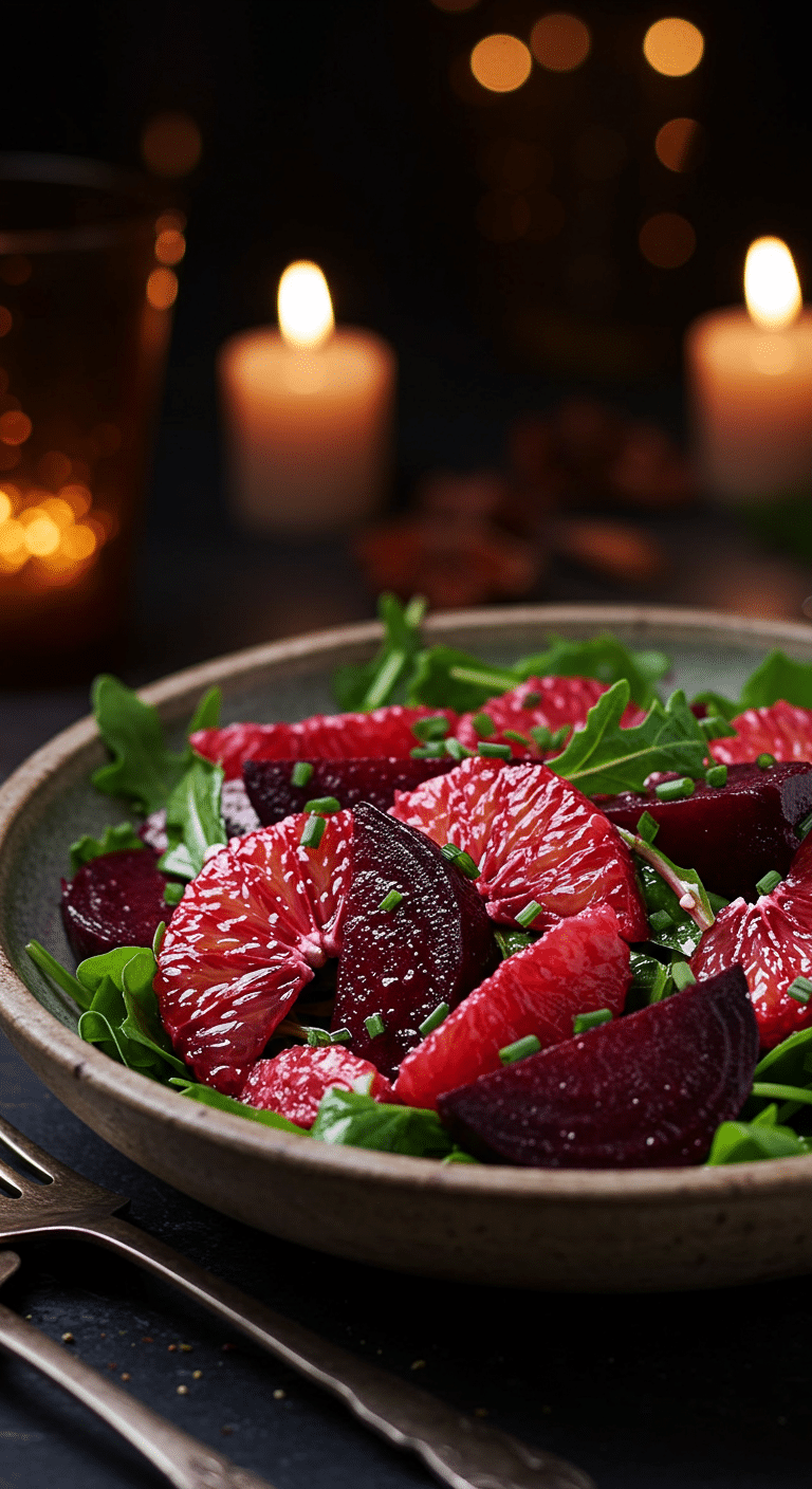 A beautiful, rustic serving bowl of a homemade, easy, and elegant Beet and Blood Orange Salad, with jewel-toned beets and oranges, and fresh arugula.