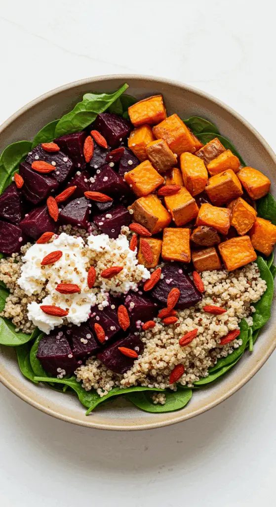A beautiful, overhead shot of a homemade, healthy, and colorful Roasted Beet and Sweet Potato Salad in a large serving bowl, with quinoa and crumbled goat cheese.