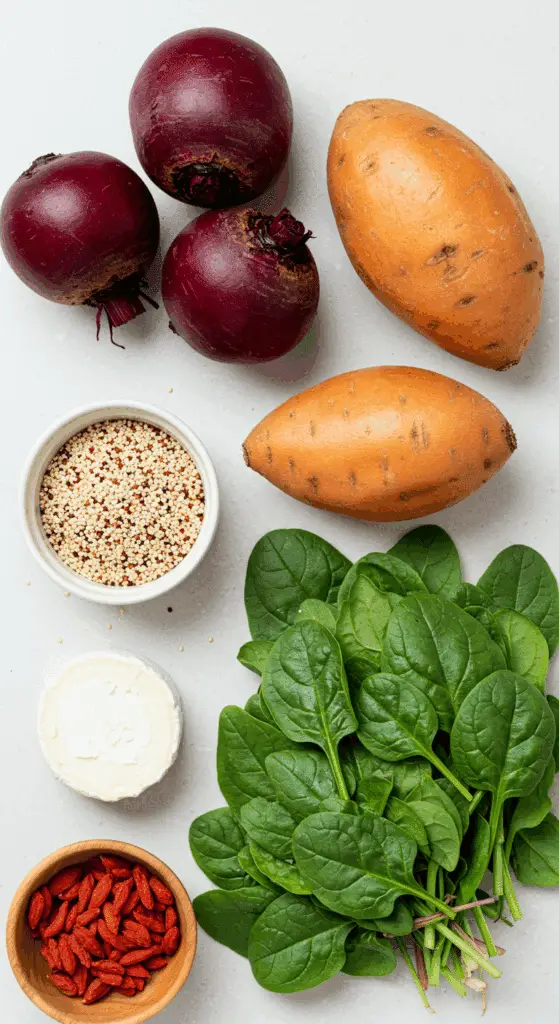 The simple, fresh ingredients for the healthy, from-scratch Roasted Beet and Sweet Potato Salad.