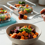 A beautiful bowl of a homemade, healthy Roasted Beet and Sweet Potato Salad being enjoyed with a fork for a vibrant and healthy lunch, with meal-prep containers in the background.