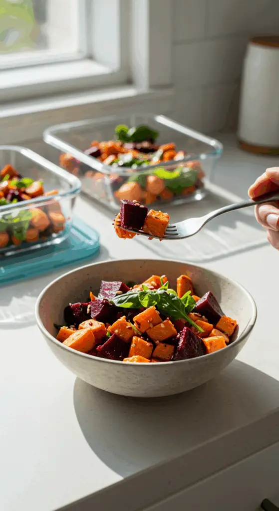 A beautiful bowl of a homemade, healthy Roasted Beet and Sweet Potato Salad being enjoyed with a fork for a vibrant and healthy lunch, with meal-prep containers in the background.