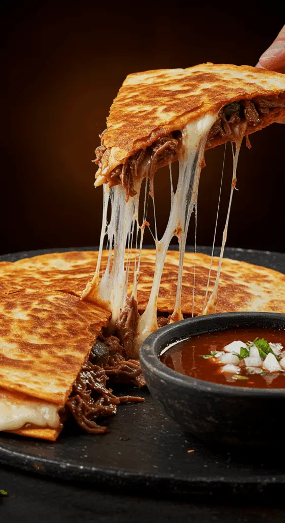 A beautiful, crispy, and red Birria Quesadilla being pulled apart to show an epic, gooey cheese pull, with a small bowl of a red consommé for dipping.