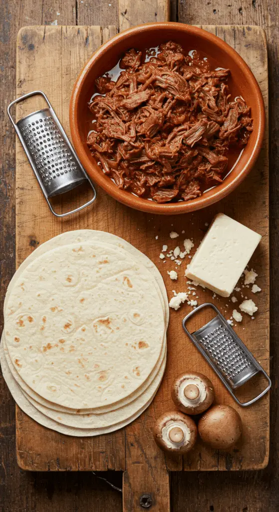 The simple, from-scratch ingredients for the classic and easy "hacked" Birria Quesadilla recipe.