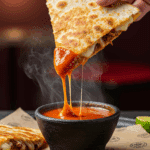 A hand dipping a large, crispy, and cheesy wedge of a homemade Birria Quesadilla into a small bowl of a rich, red consommé.