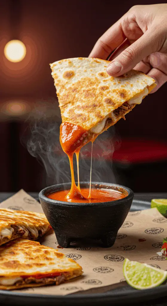 A hand dipping a large, crispy, and cheesy wedge of a homemade Birria Quesadilla into a small bowl of a rich, red consommé.