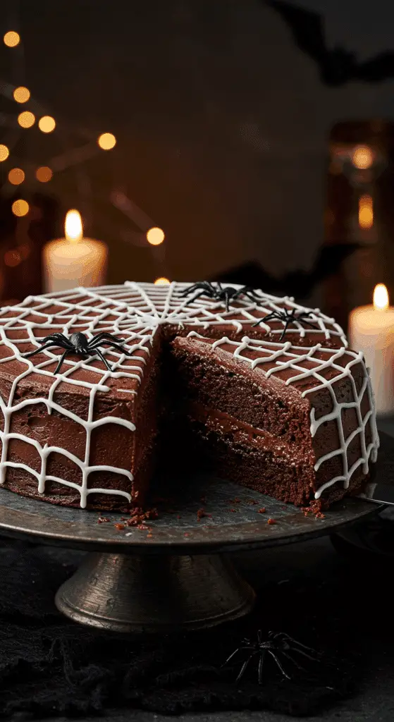 A beautiful, rustic cake stand with a homemade, spooky, and dark "Black Magic" Halloween Cake, covered in a white, marshmallow spiderweb and a candy spider.