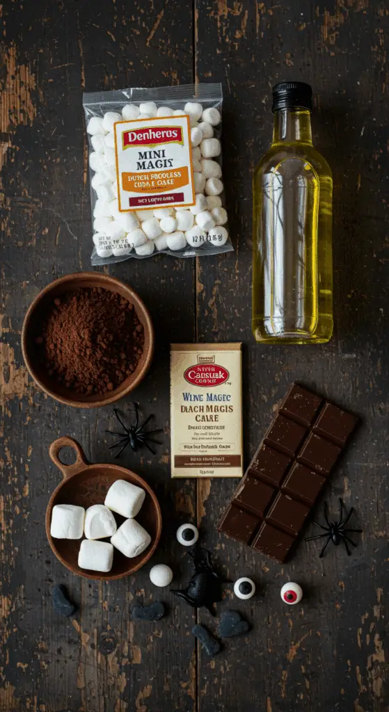 The simple, from-scratch ingredients for the easy and spooky "Black Magic" Halloween Cake.