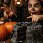 The whole, homemade, spooky, and web-covered "Black Magic" Cake being served as the centerpiece at a fun and casual Halloween party.