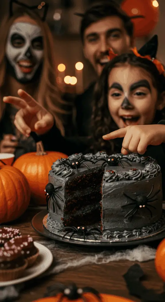 The whole, homemade, spooky, and web-covered "Black Magic" Cake being served as the centerpiece at a fun and casual Halloween party.