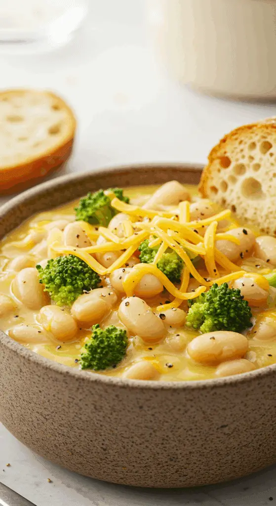 A beautiful, rustic bowl of homemade, creamy Broccoli Cheddar Beans, with a luscious cheddar cheese sauce, whole beans, and tender broccoli.