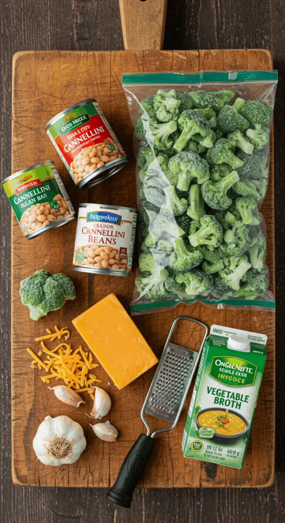 The simple, from-scratch ingredients for the classic and easy Creamy Broccoli Cheddar Beans recipe.