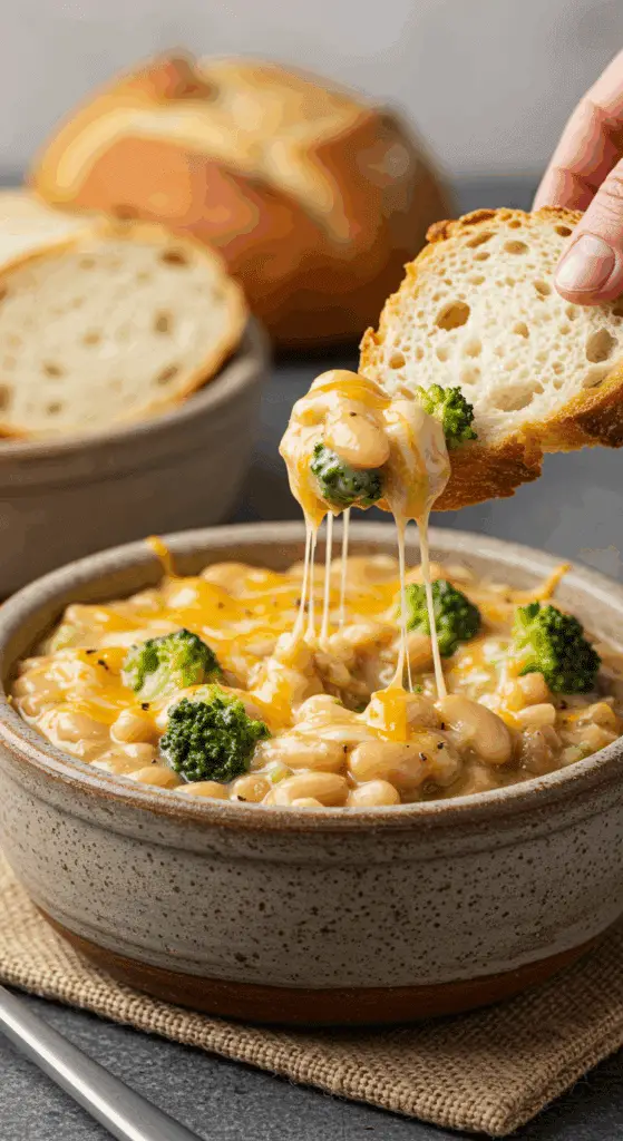 A cozy bowl of homemade, creamy Broccoli Cheddar Beans being enjoyed with a large piece of crusty bread for dipping.