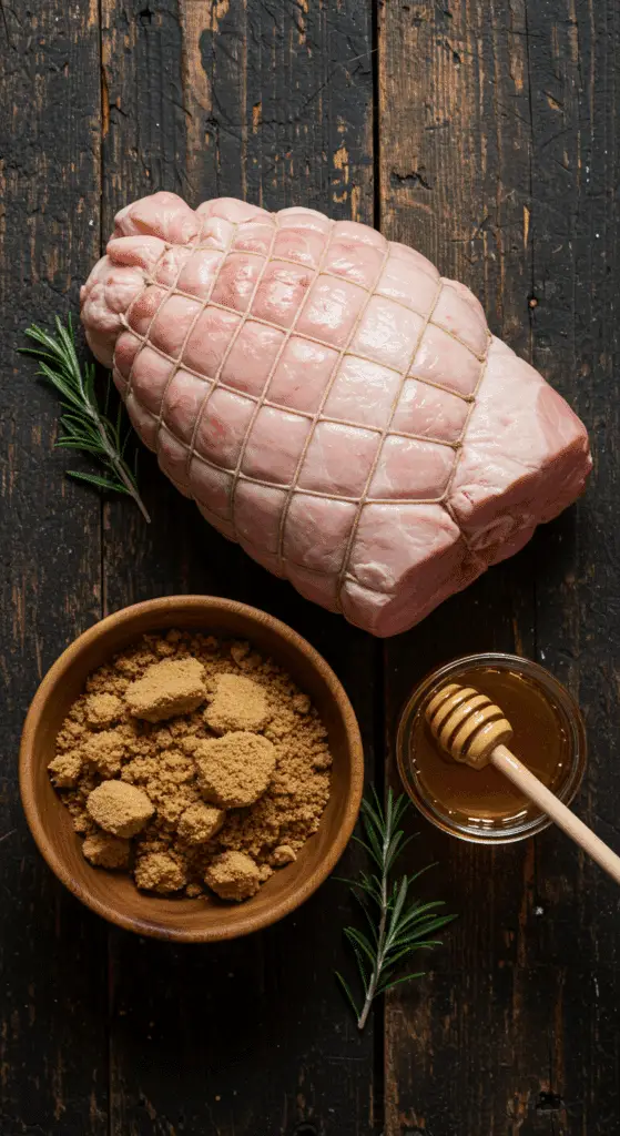 The simple, from-scratch ingredients for the classic and impressive Holiday Brown Sugar Glazed Ham.