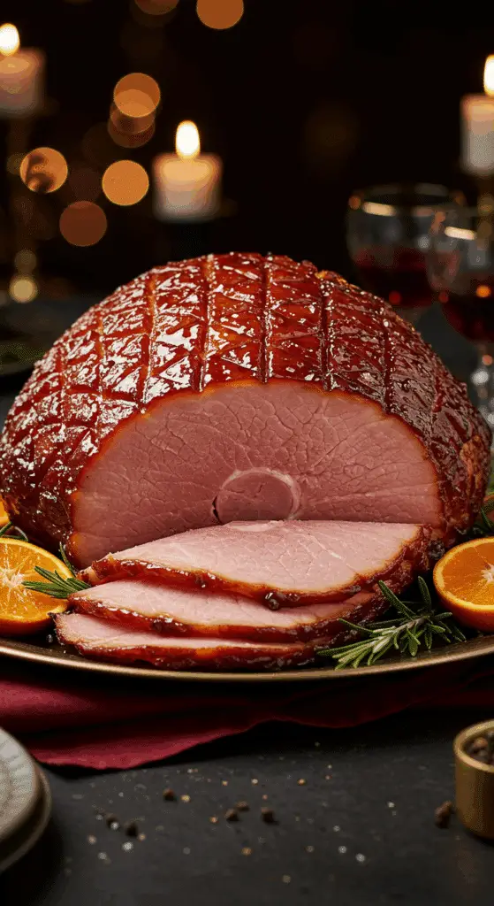 A beautiful, elegant platter with a homemade, juicy, and impressive Holiday Brown Sugar Glazed Ham, with a glossy, dark glaze and a juicy, pink slice cut from the end.