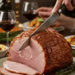 The whole, homemade, impressive, and glazed Brown Sugar Ham being carved as the centerpiece at a fun and sophisticated Christmas party.