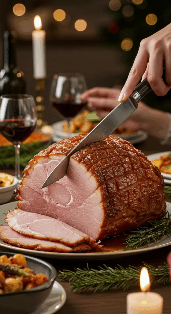 The whole, homemade, impressive, and glazed Brown Sugar Ham being carved as the centerpiece at a fun and sophisticated Christmas party.