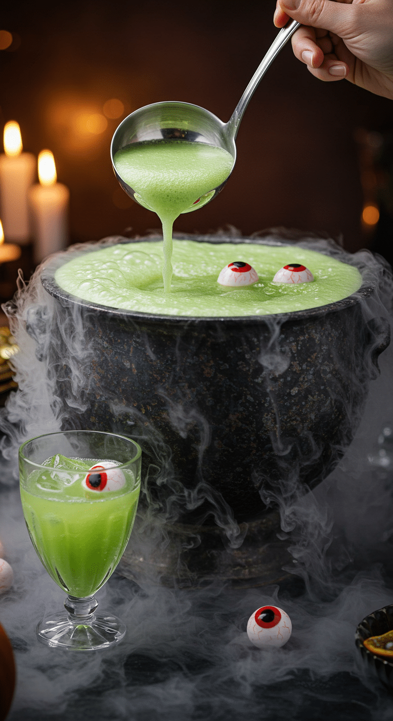 A beautiful, large, cauldron-shaped punch bowl of a homemade, spooky, and green "Bubbling Cauldron" Punch, with a thick, foamy top and creepy eyeball garnishes.