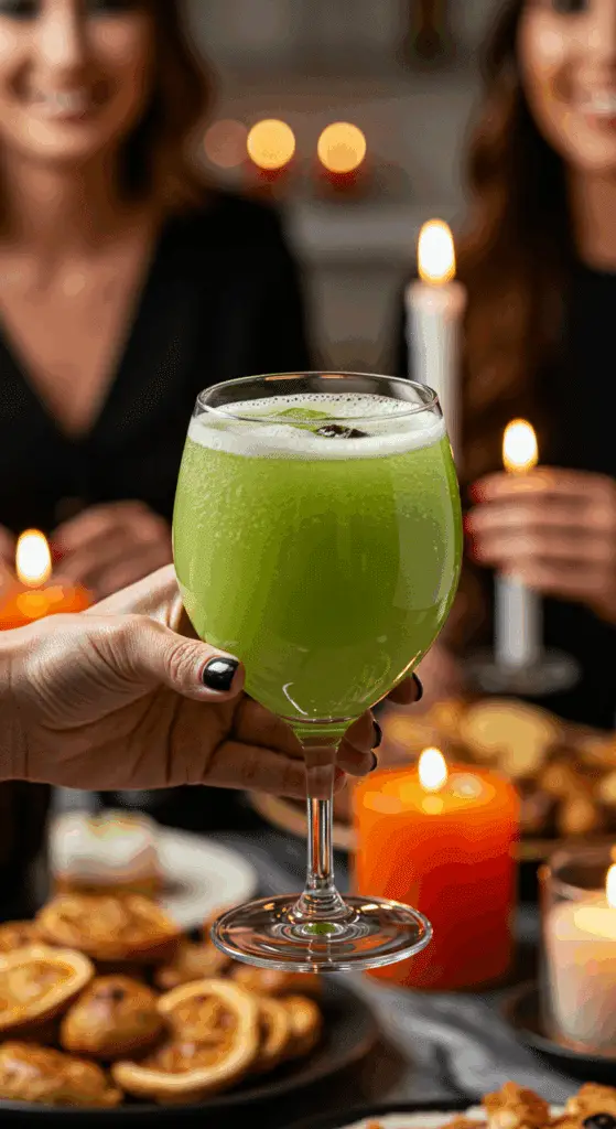 A hand holding an elegant glass of a homemade, green, and spooky "Bubbling Cauldron" Punch at a fun and sophisticated Halloween party.