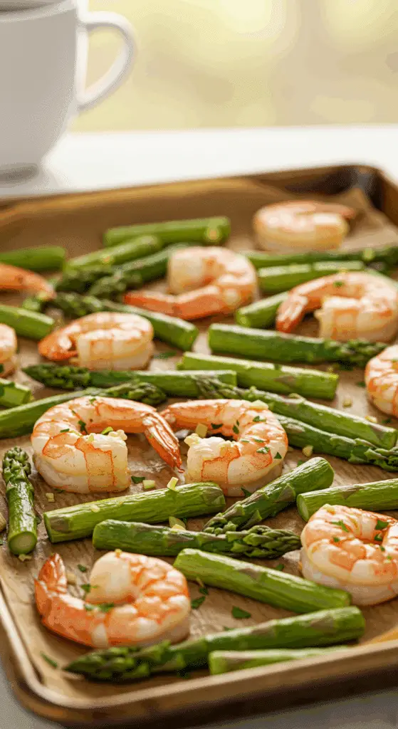 A beautiful, overhead shot of a homemade, one-pan meal of easy Sheet Pan Shrimp and Asparagus, glistening with a garlic butter sauce and garnished with fresh parsley.