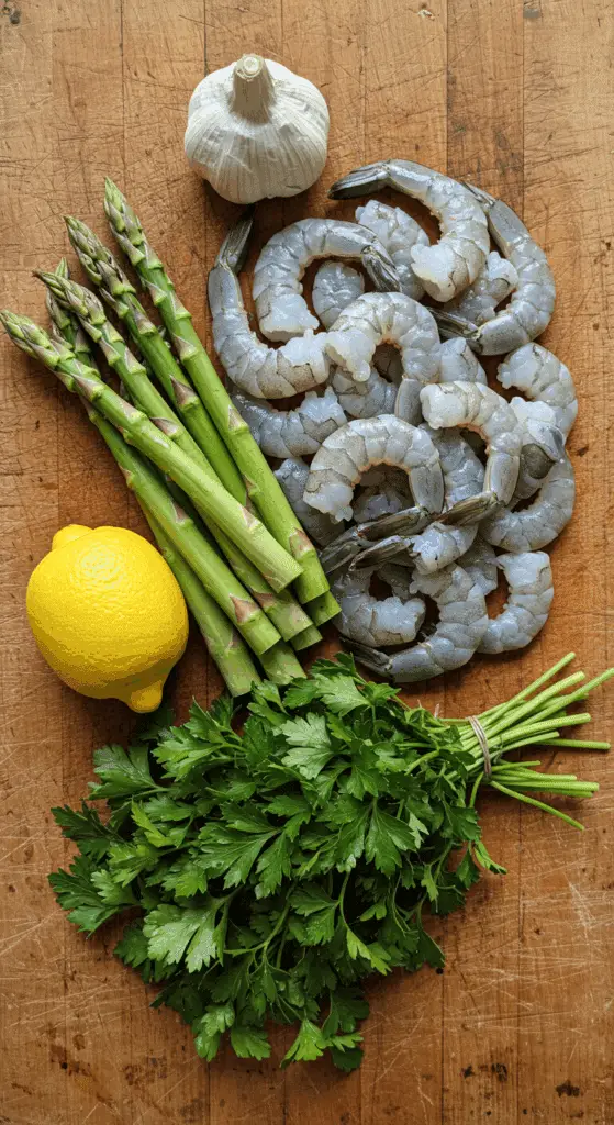 The simple, fresh ingredients for the classic and easy Sheet Pan Shrimp and Asparagus recipe.