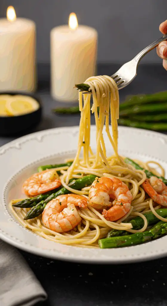 An elegant plate of homemade, saucy Sheet Pan Shrimp and Asparagus served over a bed of thin spaghetti for a sophisticated dinner.