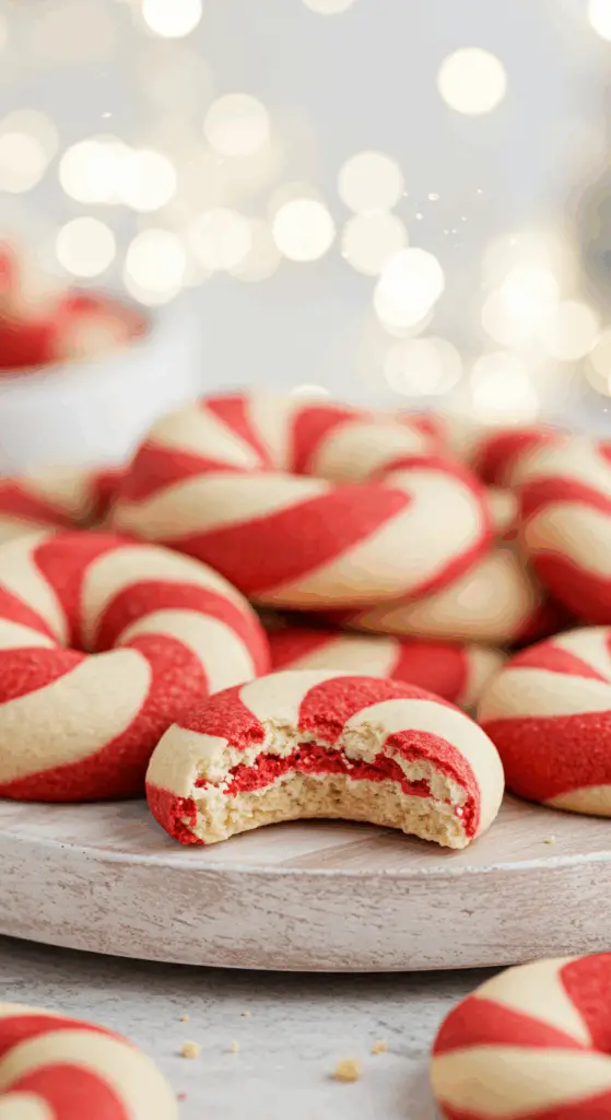 A beautiful, rustic platter of homemade, festive, and cute Candy Cane Cookies, with a perfect, twisted red and white striped pattern and a soft, chewy texture.