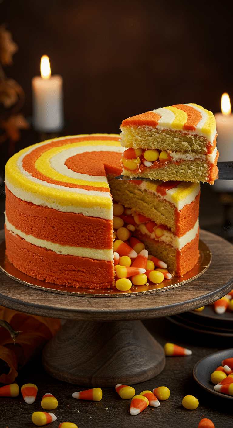 A beautiful, rustic cake stand with a homemade, fun, and festive Candy Corn Cake, with a perfect, candy corn-striped frosting top and a surprise, spilling center of candy corn.