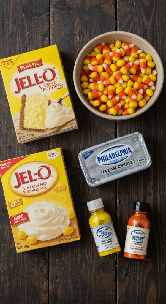 The simple, from-scratch ingredients for the easy and fun Surprise-Inside Candy Corn Cake.