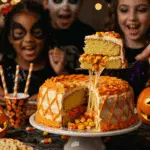 The whole, homemade, festive, and colorful Candy Corn Cake being served as the centerpiece at a fun and casual Halloween party.