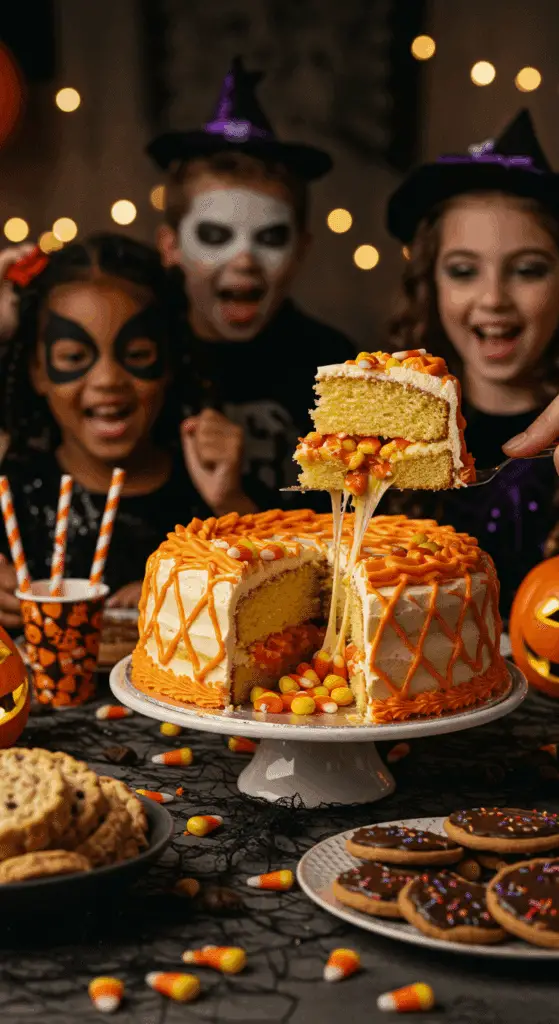 The whole, homemade, festive, and colorful Candy Corn Cake being served as the centerpiece at a fun and casual Halloween party.