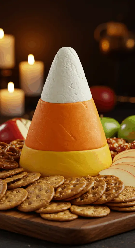 A beautiful, rustic platter with a homemade, easy, and festive Candy Corn Cheese Tower, with three distinct, colorful layers of yellow, orange, and white cheese.