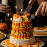 The large, homemade, festive Candy Corn Cheese Tower being served as the centerpiece appetizer at a fun and sophisticated Halloween party.