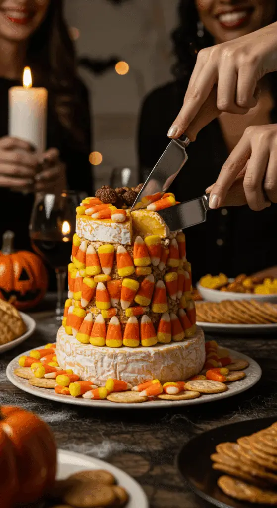 The large, homemade, festive Candy Corn Cheese Tower being served as the centerpiece appetizer at a fun and sophisticated Halloween party.