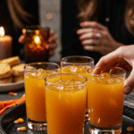 A hand reaching to take an elegant glass of a homemade, layered, and spooky Candy Corn Punch from a serving tray at a fun and festive Halloween party.