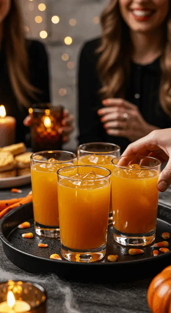 A hand reaching to take an elegant glass of a homemade, layered, and spooky Candy Corn Punch from a serving tray at a fun and festive Halloween party.
